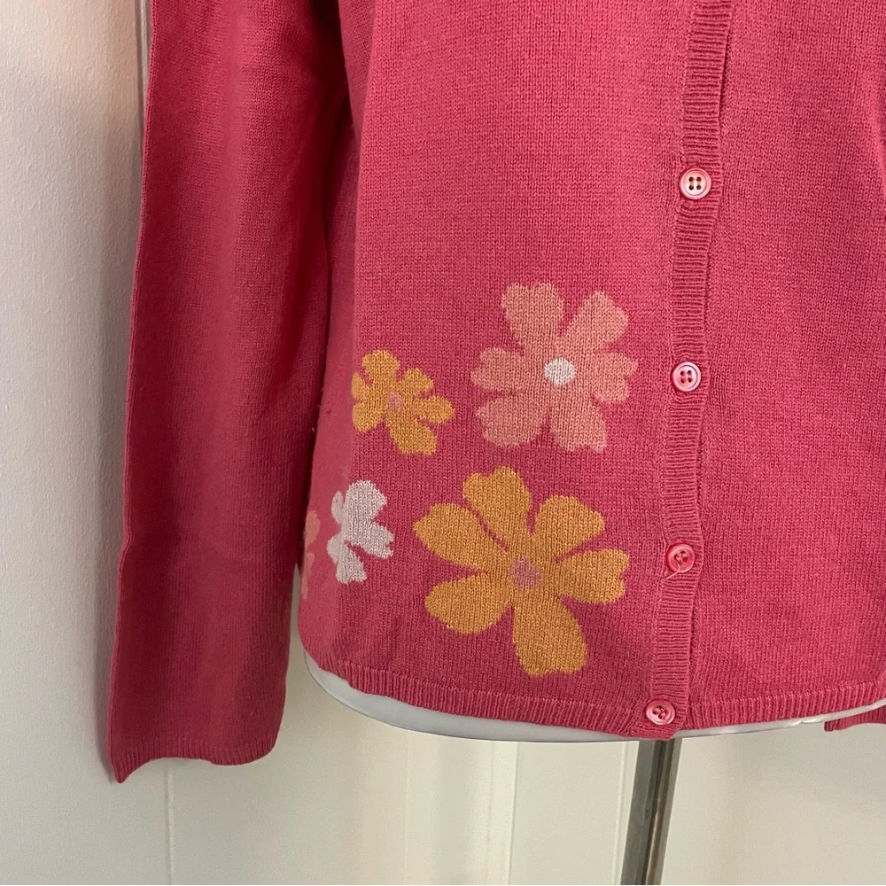 LL Bean Pink Cardigan Sweater Women’s M‎ Silk Cashmere Floral Knit V-Neck - Picture 3 of 8